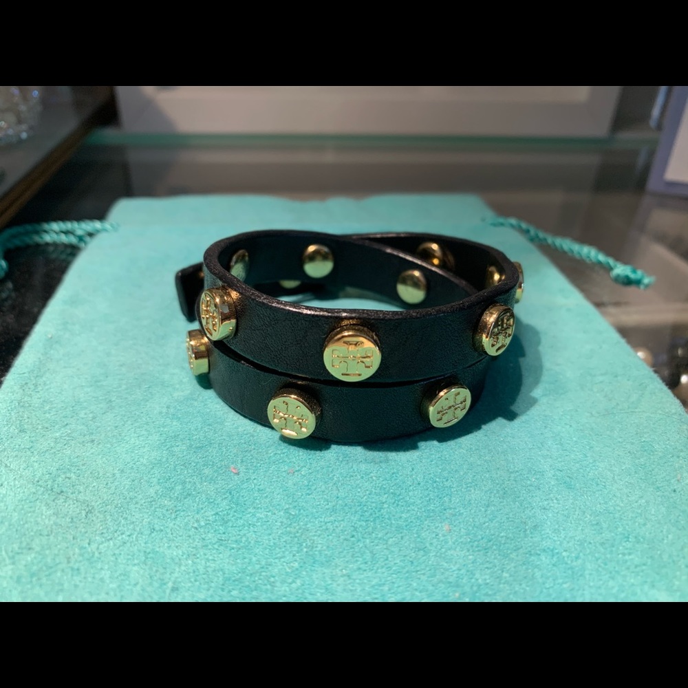 Tory Burch Black Leather Double Wrap Bracelet with Gold Studs